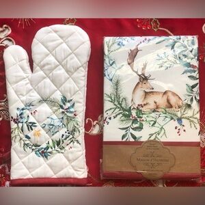 Christmas Holiday Kitchen Towels 100% Cotton with Antler Buck & Oven Mitten NWT